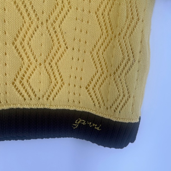 Ganni Contrast Chevron Pointelle Knit Embroidered Logo Tee Yellow Top - Picture 6 of 9